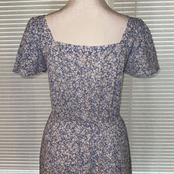 monteau S Blue White Gold Ditsy Floral Flutter Short Sleeve Tiered Midi Dress - Picture 4 of 12